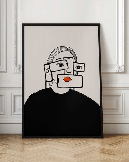 A minimalist line art illustration of a woman in a black shirt against an off-white background. Her face is obscured by several overlapping smartphones, which display her eyes and bright red lips on their screens, creating a surreal and conceptual portrait about technology and identity. Artwork
