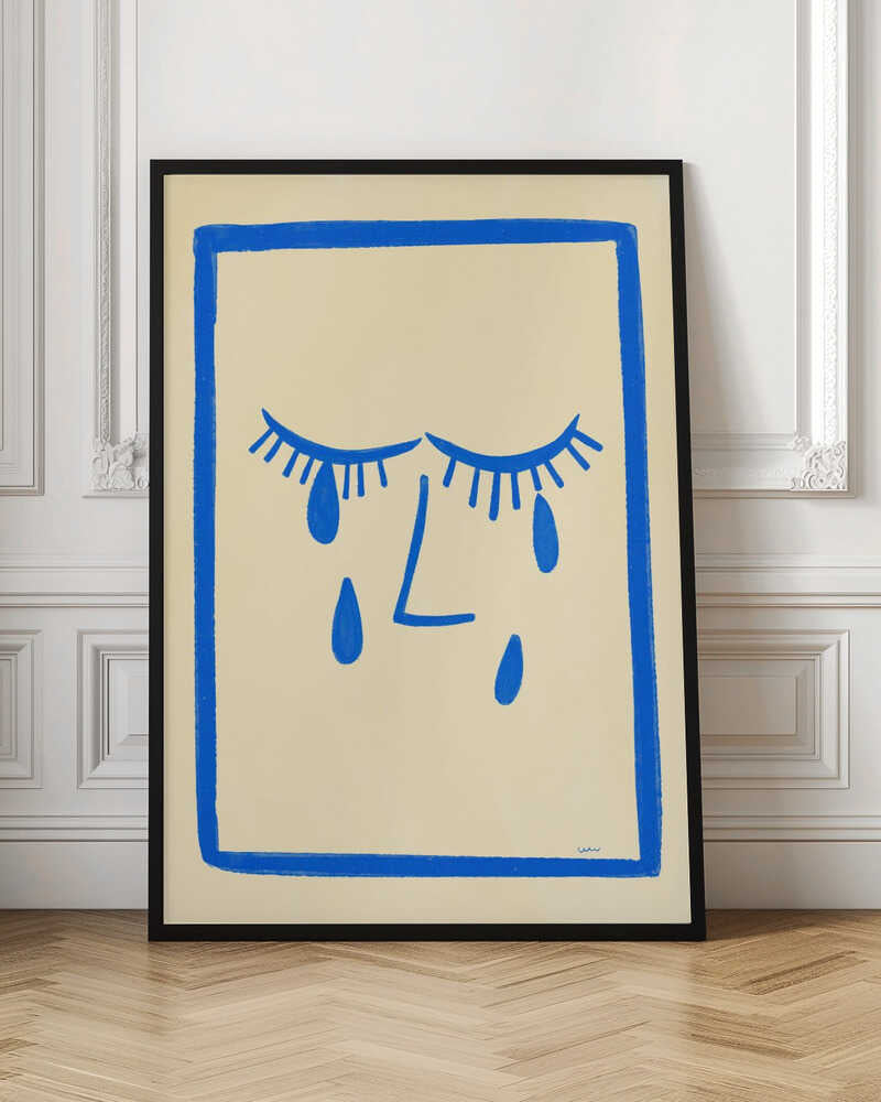 A minimalist framed illustration of a crying face. Bold blue lines on a cream background depict two closed eyes with long lashes, an L-shaped nose, and three large teardrops. The artwork is contained within a thick, hand-drawn blue border. Wall Art