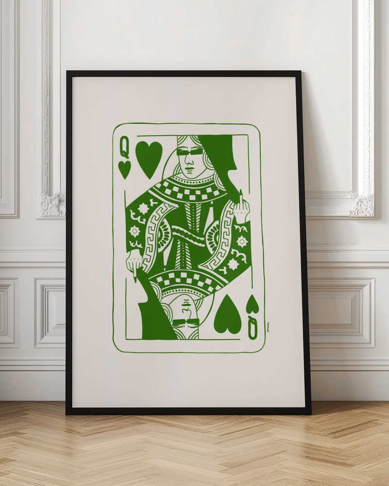A framed art print of a stylized Queen of Hearts playing card. The design is rendered in bold green lines on an off-white background. The queen has her eyes covered and is defiantly giving the middle finger. Print
