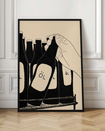 A minimalist illustration in black and cream showing a hand picking up a dark glass bottle from a rack. The bottle has a simple white label with the word 'ÖL'. Other similar bottles are visible in the background. Wall Art