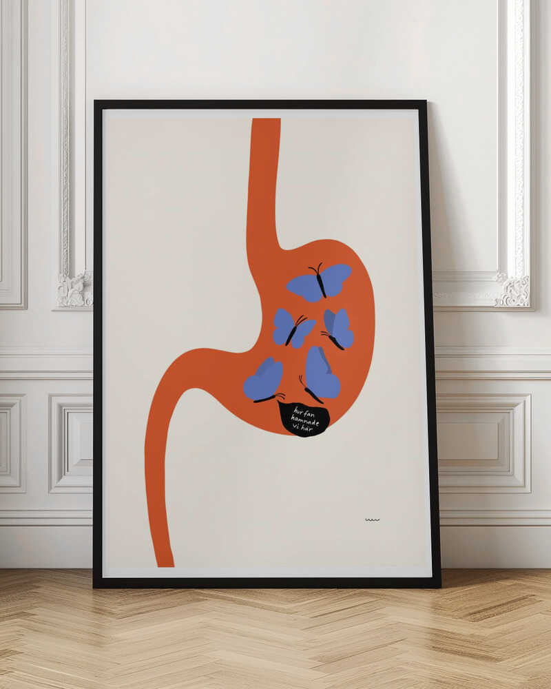 A minimalist art print showing a large, orange, stylized human stomach against a cream background. Inside the stomach are five blue butterflies, one of which has a black speech bubble with the Swedish text 'hur fan hamnade vi här' ('how the hell did we end up here'). Poster