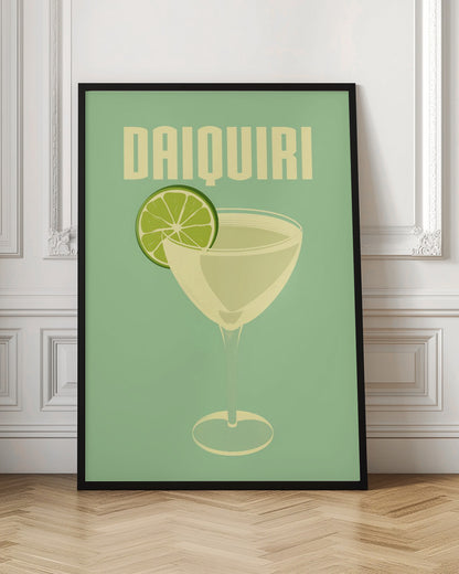 A vintage-style poster featuring a stylized illustration of a Daiquiri cocktail in a coupe glass, garnished with a bright green lime slice. The word 'DAIQUIRI' is displayed at the top in a bold, blocky, off-white font against a solid mint green background. The artwork has a minimalist and retro aesthetic. Decor