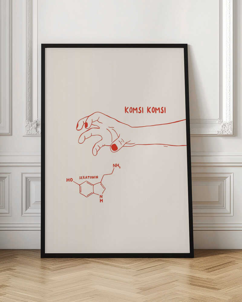 A minimalist art print in a black frame featuring red line art on a cream background. A human hand with painted nails reaches down towards the chemical structure of serotonin, with the phrase 'KOMSI KOMSI' written in red above the hand. Decor