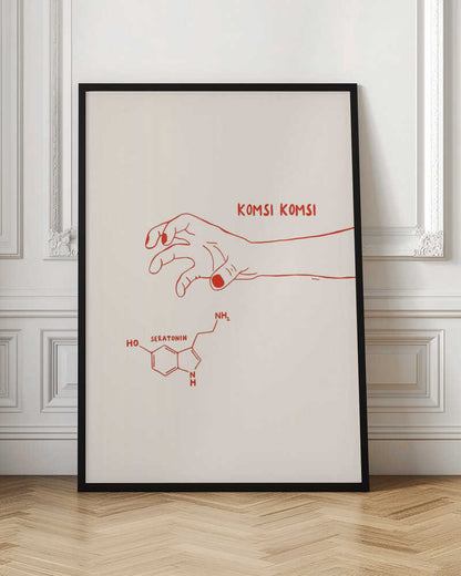 A minimalist art print in a black frame featuring red line art on a cream background. A human hand with painted nails reaches down towards the chemical structure of serotonin, with the phrase 'KOMSI KOMSI' written in red above the hand. Decor