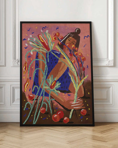 A colorful, painterly illustration of a woman in a blue dotted dress, holding a large bouquet of stylized plants with red berries and flowers against a textured pink background. Red fruits are scattered on the brown ground at her feet. Print