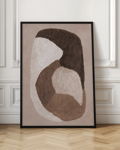 An abstract painting in a black frame featuring large, interlocking organic shapes in dark brown, off-white, and a lighter mid-tone brown. The shapes are painted with visible brushstrokes on a textured, light beige background, creating a sense of movement and warmth. Artwork