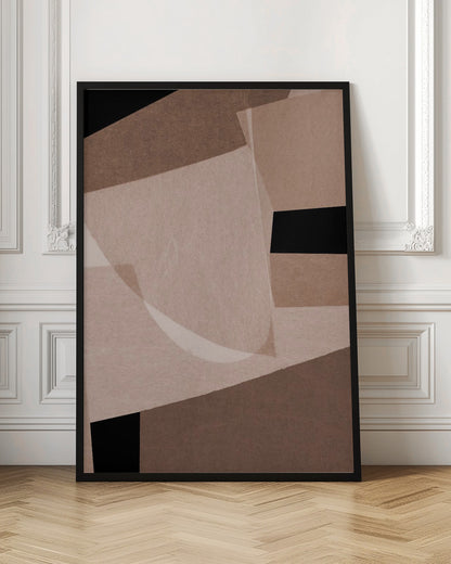 An abstract artwork in a black frame featuring a collage of overlapping geometric and curved shapes. The color palette consists of various shades of brown, from dark chocolate to light beige, contrasted with solid black areas. The shapes have a textured, paper-like quality and some appear translucent, creating layers and depth. Decor