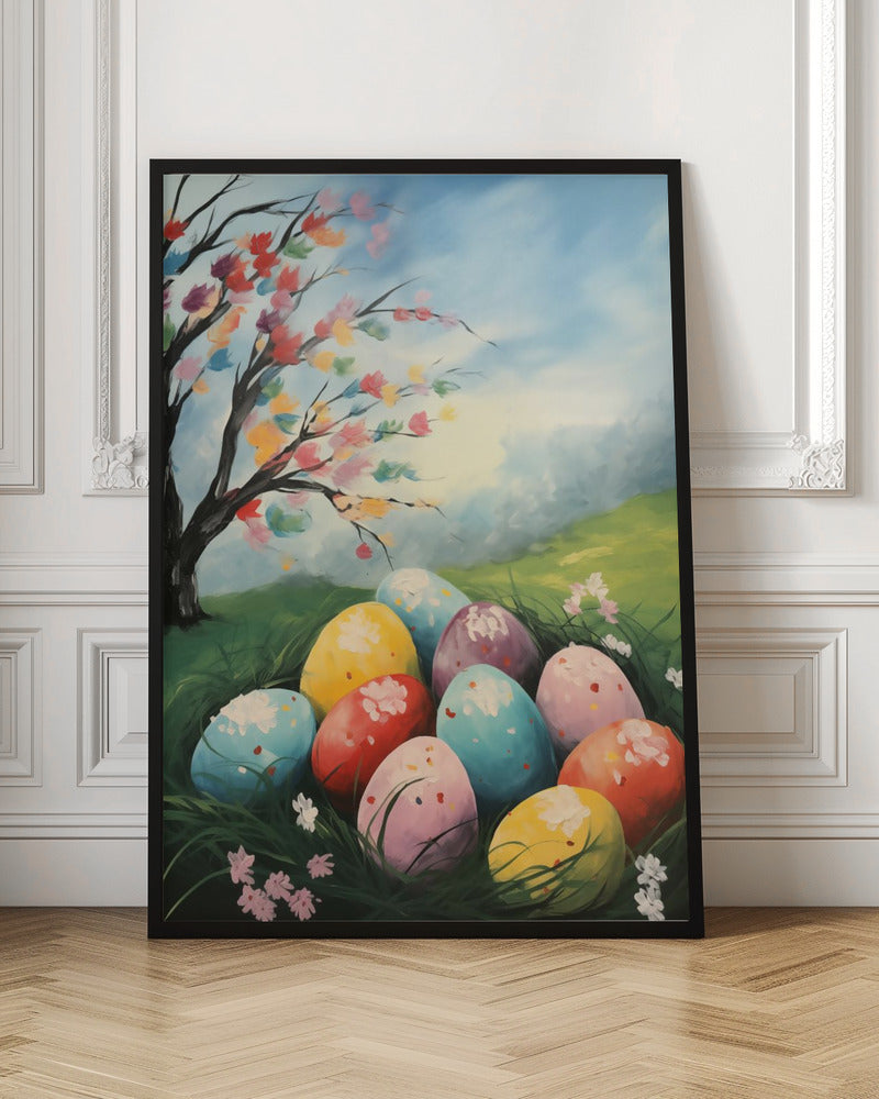 A vibrant painting depicting a cluster of colorful Easter eggs nestled in lush green grass. Above them on a small hill, a tree blossoms with a rainbow of colors against a bright, partly cloudy blue sky, capturing a whimsical spring scene. Artwork