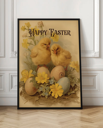 A vintage-style Easter illustration featuring two fluffy yellow chicks perched on decorated Easter eggs. The scene is adorned with yellow and blue flowers, and the words 'Happy Easter' are written in an elegant, dark font at the top against a cream background. Print