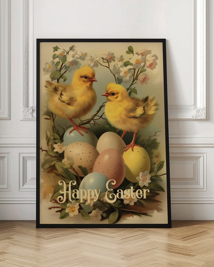 A vintage-style Easter illustration featuring two fluffy yellow chicks perched on and around a clutch of pastel-colored Easter eggs. The scene is decorated with white and light pink blossoms on branches. At the bottom, the text 'Happy Easter' is written in elegant, cursive script. The entire image is enclosed in a thin black frame. Artwork