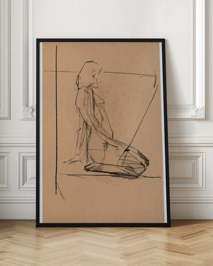 A framed charcoal sketch on tan paper of a person kneeling in profile. The style is gestural and angular, with expressive black lines defining the form against the warm-toned paper. Construction lines are visible in the background. Poster