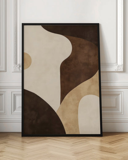 A modern abstract painting in a black frame, featuring a composition of large, flowing, and overlapping organic shapes in a warm, earthy color palette of dark brown, tan, and cream. The textured forms create a sense of depth and movement, reminiscent of rolling hills or sand dunes. Decor