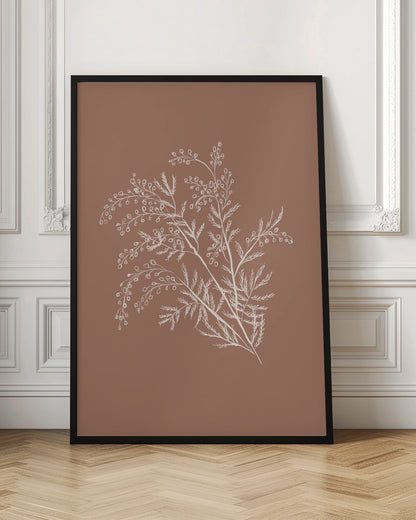 A minimalist botanical artwork featuring a white line drawing of a delicate plant sprig with feathery leaves and small berries against a solid dusty rose background, enclosed in a simple black frame. Artwork