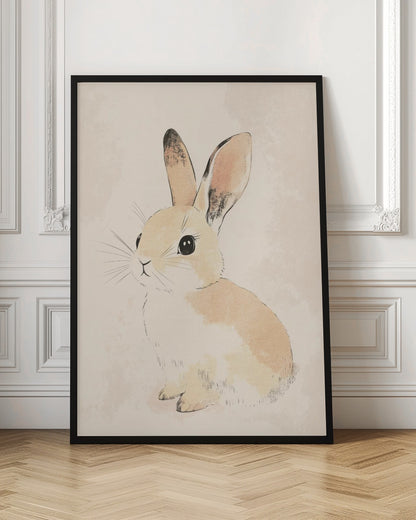 A watercolor-style illustration of a small, cute rabbit with tan and white fur, large black eyes, and long ears. The bunny is sitting and looking towards the left against a soft, textured beige background, all enclosed within a thin black frame. Poster