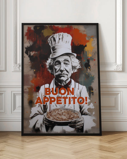 A stylized portrait of a smiling elderly chef with a white mustache and hair, wearing a chef's hat and holding a plate of pasta. The background features abstract red, black, and yellow paint splatters in a street art style. The phrase 'BUON APPETITO!' is written in large orange letters across the front. Decor