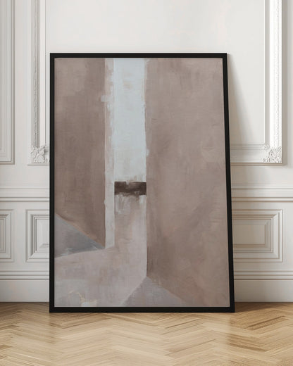 An abstract painting in a black frame, featuring a composition of geometric blocks in muted earth tones. A central vertical stripe of off-white is intersected by a dark brown horizontal band, creating a sense of depth and architectural form. Wall Art