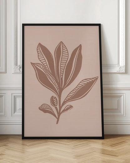 A minimalist botanical art print featuring a stylized plant in a muted brown, block-print style against a dusty pink background. Some leaves are solid while others have a striped pattern. The artwork is presented in a simple black frame. Decor