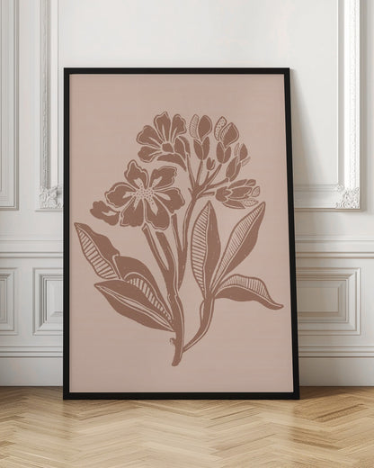 A minimalist botanical block print featuring a cluster of stylized flowers and leaves in a terracotta brown hue against a dusty pink background, all enclosed within a thin black frame. Artwork