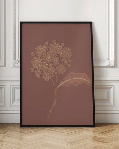 A stylized illustration of a single flower stalk with a round cluster of blossoms, similar to a hydrangea. The artwork is created in a limited palette of terracotta and cream against a solid dusty rose background, giving it a minimalist, block-print feel. The image is presented within a simple black frame. Decor
