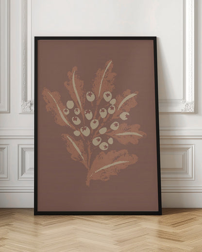 A framed vertical artwork featuring a stylized botanical illustration. Against a solid mauve-brown background, a cluster of cream-colored berries sits amidst textured, rust-colored leaves on a central stem. The artwork has a minimalist, textured, block-print aesthetic. Artwork