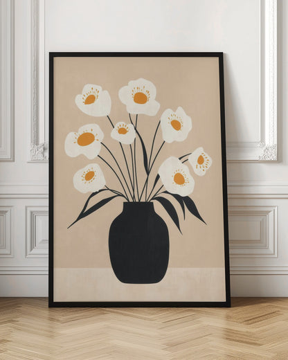 A modern, minimalist illustration of a bouquet of white poppy-like flowers with orange centers arranged in a solid black vase. The artwork features thin black stems and leaves against a muted beige background, all enclosed in a simple black frame. Artwork