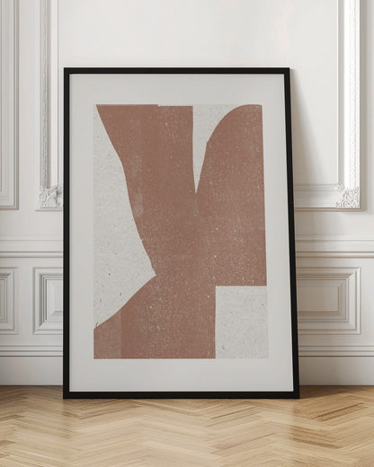 A minimalist abstract art print featuring a large, textured, terracotta brown shape against a speckled off-white background, framed in a simple black frame. Print