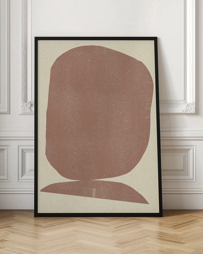 A minimalist abstract art print featuring two stacked organic shapes in a textured, dusty terracotta color against a light beige background, all enclosed in a thin black frame. Artwork