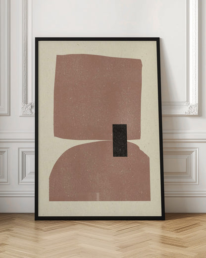A minimalist abstract art print in a black frame, featuring two large, textured dusty-rose shapes stacked vertically against a cream background. The top shape is an irregular rectangle and the bottom is a dome shape, with a small black rectangle overlapping them in the center. Decor