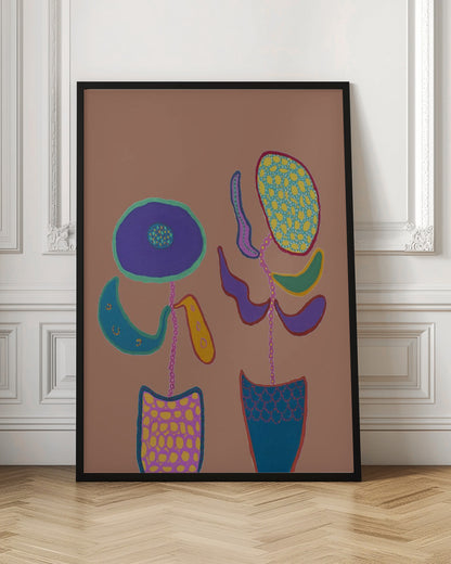 A whimsical, naive-style painting of two brightly colored, abstract flowers in patterned pots against a solid muted brown background, framed in black. Print