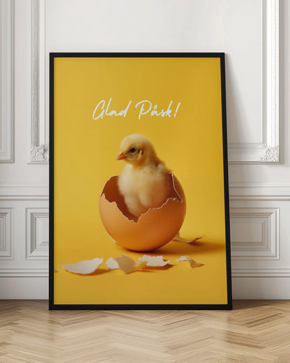 A poster with a bright yellow background featuring a cute, fluffy yellow chick that has just hatched from a brown egg. Above the chick, the text 'Glad Påsk!' is written in a white cursive script. The poster is shown within a black frame. Poster