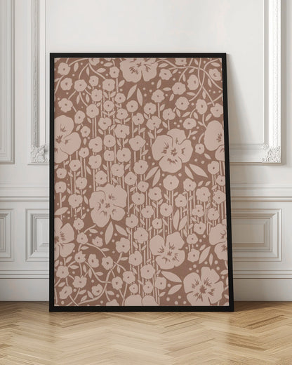 A framed artwork showing a dense, two-toned floral pattern. Light beige stylized flowers and stems are set against a darker brown background, creating a vintage wallpaper effect. Artwork