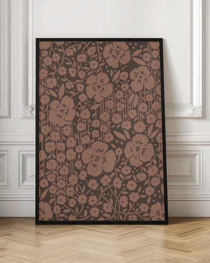 A framed art print featuring a monochromatic vintage floral pattern. Stylized light brown flowers, leaves, and vines are densely arranged on a dark brown background with faint vertical stripes. Print