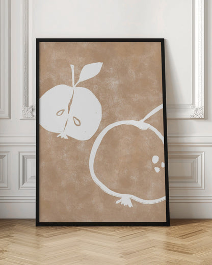 A minimalist artwork in a black frame featuring two stylized white apples on a textured light brown background. One apple is cut in half showing its seeds, and the other is a simple outline of a whole apple. Decor