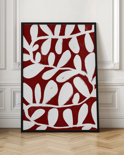 A framed abstract botanical artwork featuring a bold pattern of white, painterly vines and leaves set against a deep, textured crimson red background. Print