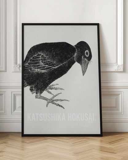 A black and white Japanese woodblock print by Katsushika Hokusai from 1814. The artwork features a stylized black crow with a textured, inky appearance, bending its head down against a light, grainy background. The piece is framed in black. Decor