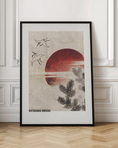 A vertical Japanese Ukiyo-e style artwork by Katsushika Hokusai featuring a large red sun against a textured cream background. Two ink-drawn cranes fly in the upper left, and dark pine tree branches emerge from the lower right. Print