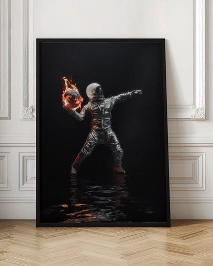 An astronaut in a silver spacesuit stands against a pitch-black background, poised to throw a miniature, burning Earth like a Molotov cocktail. The flames are reflected in the dark, rippling water at the astronaut's feet. Poster