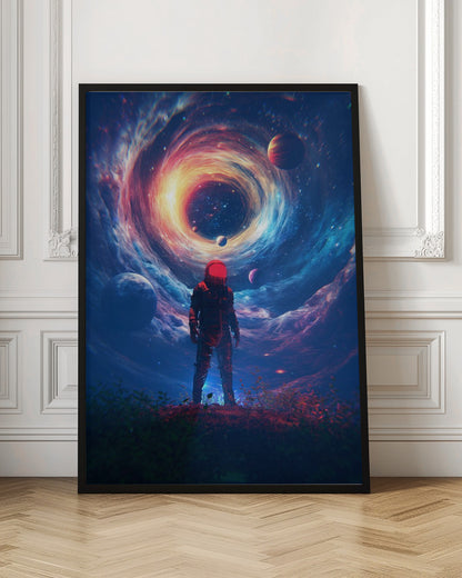 A lone astronaut in a dark suit with a bright red helmet stands on a rocky surface, gazing up at a colossal, swirling cosmic vortex of blue, red, and yellow light surrounded by stars and planets. Wall Art