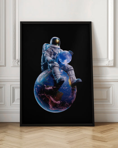 An astronaut in a full white spacesuit sits perched atop planet Earth, holding the glowing blue moon in their hands against a stark black background. Print