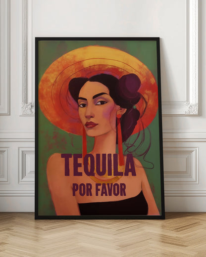 A stylized portrait of a woman with dark hair, bold eyebrows, and red lipstick, wearing a large orange sun hat and long red earrings. The text 'TEQUILA POR FAVOR' is written in a dark purple font in front of her. Poster