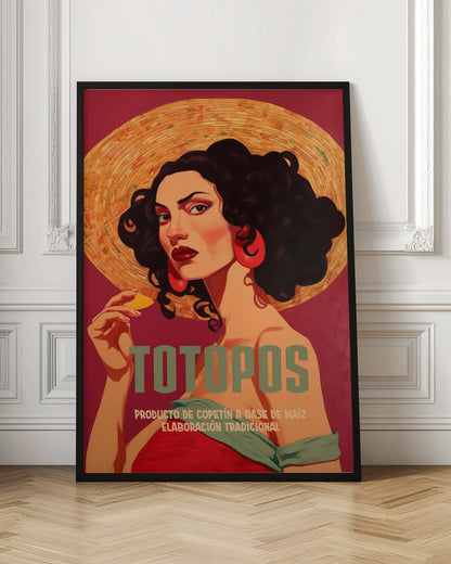 A vintage-style advertisement poster for 'Totopos'. The illustration features a glamorous woman with dark curly hair, red lipstick, and large red earrings, wearing a wide-brimmed straw hat. She holds a single tortilla chip and looks directly at the viewer against a rich red background. The text 'TOTOPOS' is prominent in the center. Artwork