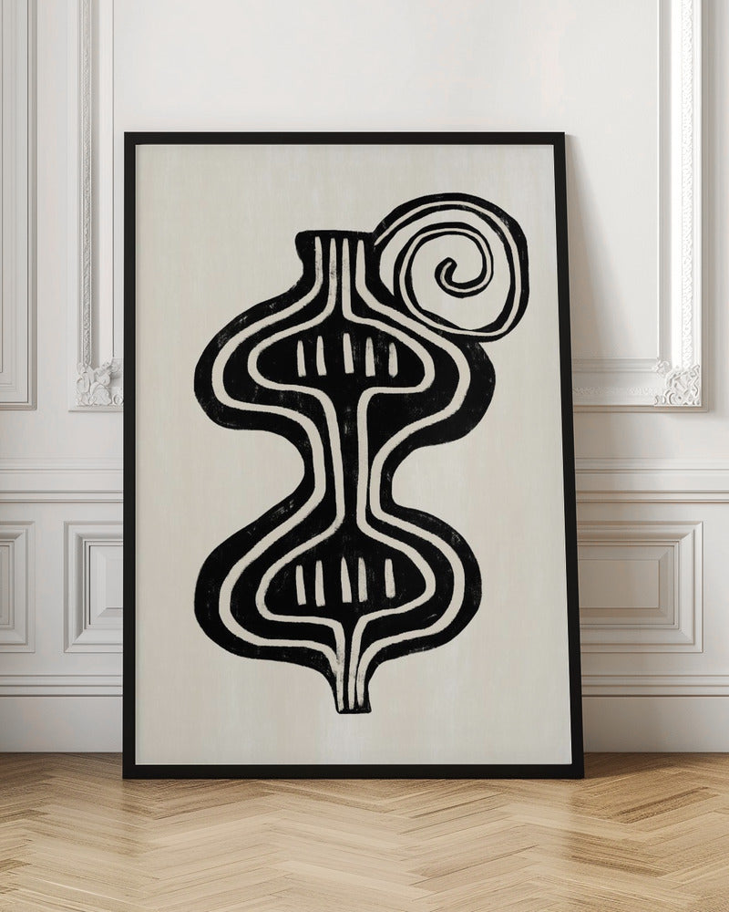 A minimalist abstract artwork in a black frame, featuring a bold, black, symmetrical figure with curvaceous lines against an off-white background. The figure, reminiscent of a vase or an hourglass, has white line details and is paired with a large black spiral at the top. Print
