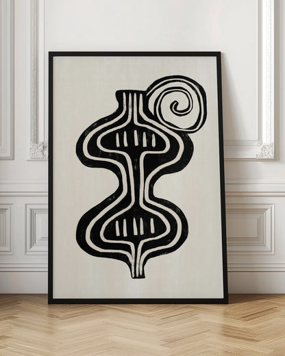 A minimalist abstract artwork in a black frame, featuring a bold, black, symmetrical figure with curvaceous lines against an off-white background. The figure, reminiscent of a vase or an hourglass, has white line details and is paired with a large black spiral at the top. Print