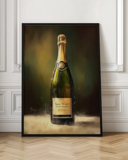 A painterly style artwork of a single bottle of champagne against a dark, moody background. The green bottle has a gold foil top and an aged label that reads, 'Save Water, Drink Champagne. Life is too short. Make the best of it.' The artwork is enclosed in a simple black frame. Poster