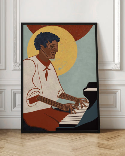 A stylized illustration of a Black man with an afro and geometric glasses playing a grand piano. His arms and hands are depicted with intricate line patterns. The background features a large yellow circle and a smaller red one against a muted blue, textured sky. Artwork