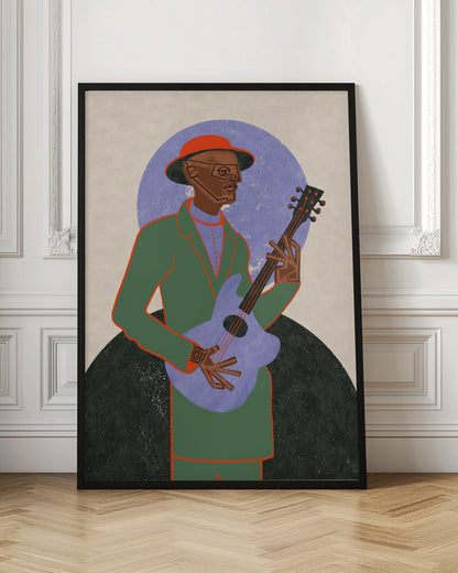 A stylized illustration of a musician in a black frame. The Black man, wearing a green jacket, red hat, and geometric glasses, plays a light purple guitar against a background with a large purple circle and a dark semi-circle. Wall Art