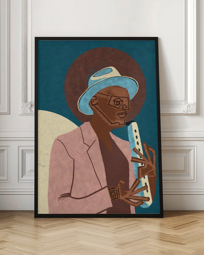 A stylized illustration of a Black man wearing a light blue fedora and a pink jacket. He is playing a light-colored wind instrument against a dark blue background with a large brown circle behind his head. The art style is geometric and graphic. Artwork