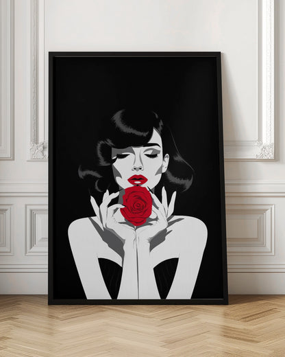 A high-contrast graphic illustration of a woman with dark wavy hair and closed eyes, holding a single vibrant red rose in front of her mouth. The image is primarily black and white, with selective color on her red lips and the rose. Decor