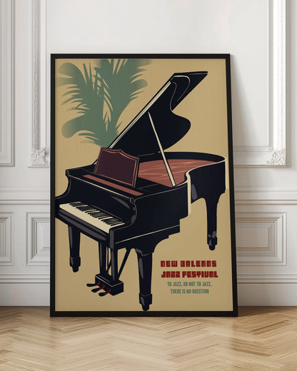 A vintage-style illustrated poster for the New Orleans Jazz Festival. The poster features a large black grand piano with its lid propped open, set against a tan background. In the upper left corner, the green fronds of a palm tree are visible. Text in the lower right corner reads 'NEW ORLEANS JAZZ FESTIVAL' and 'TO JAZZ, OR NOT TO JAZZ, THERE IS NO QUESTION'. The entire image is enclosed in a black frame. Artwork