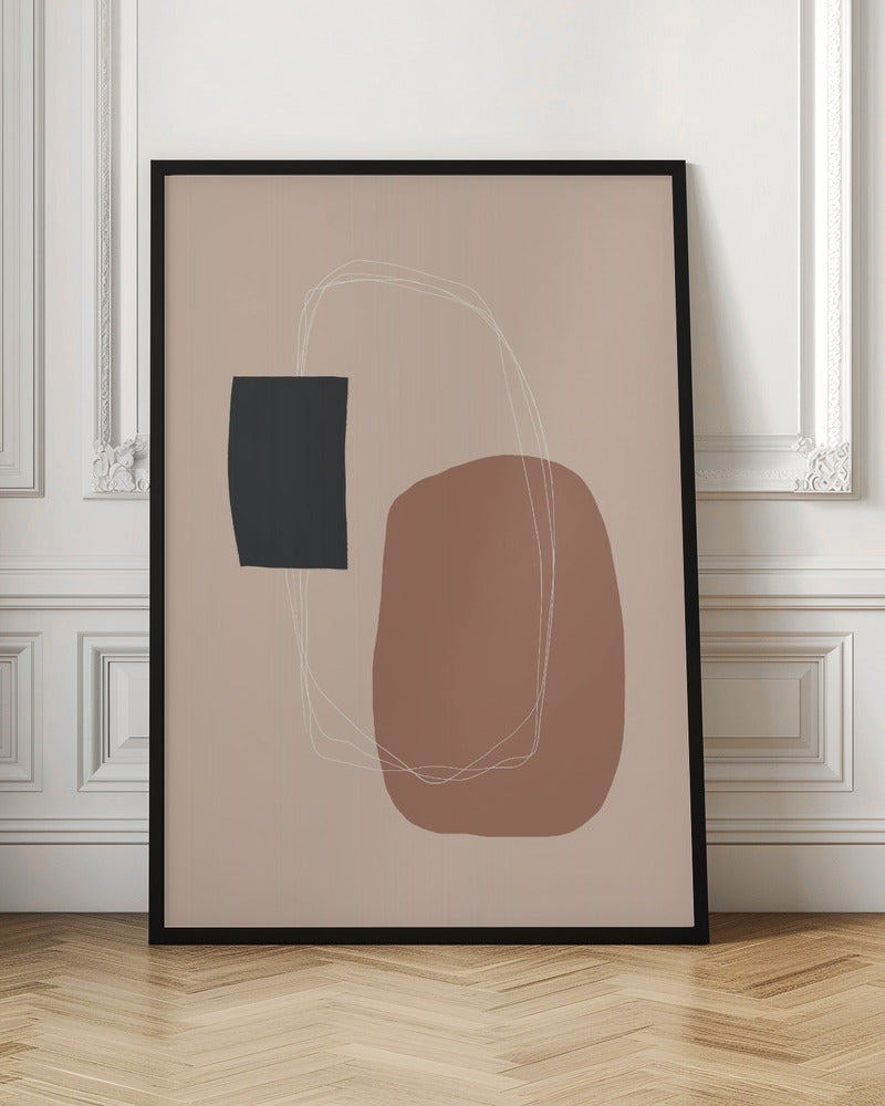 A minimalist abstract artwork in a black frame. The piece features a dark charcoal rectangle and a larger, organic terracotta brown shape on a dusty pink background. A thin, white, scribbled line loops loosely around both shapes, connecting them. Decor